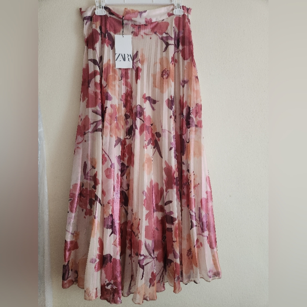 Zara floral pleated midi skirt multicolored pink BNWT - Picture 9 of 14